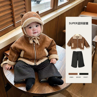 男童外套冬加厚潮帅气时髦男宝炸街皮毛一体冬装羊羔毛夹克机车服