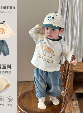 男童套装宝宝衣服春装超萌可爱卡通T韩系百搭牛仔裤两件套周岁服