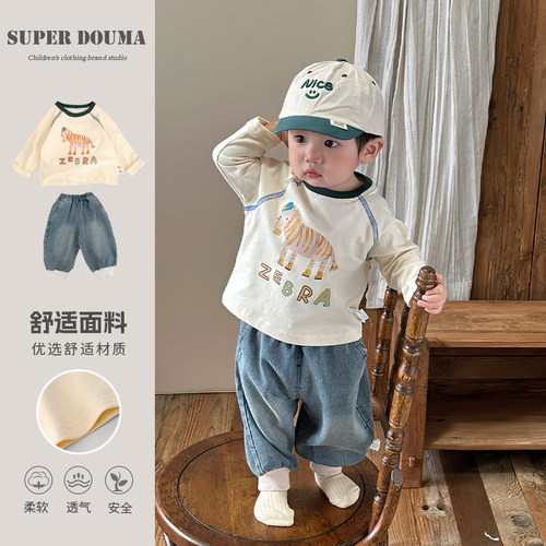 男童套装宝宝衣服春装超萌可爱卡通T韩系百搭牛仔裤两件套周岁服