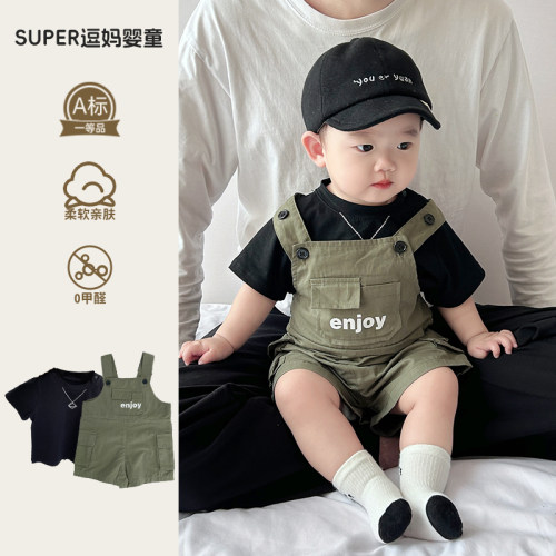 婴儿夏季连体衣男宝宝夏装洋气背带套装超萌婴幼儿满月百天外出服