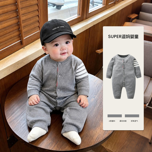 婴幼儿早秋衣服长袖针织爬服韩版男宝宝秋季连体衣满月百天外出服
