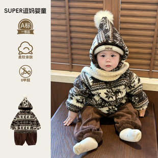 宝宝冬季外套婴幼儿冬装加绒加厚费尔岛男宝羊羔毛上衣冬款外出服