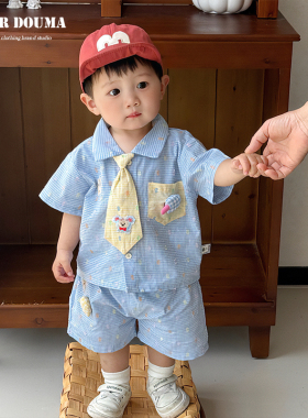 韩范童装套装男宝宝衣服夏季新款帅气时髦男童衬衫短裤两件套周岁