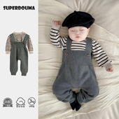 新生儿上衣套装 男宝宝衣服洋气打底衫 针织背带裤 婴儿连体衣春秋款