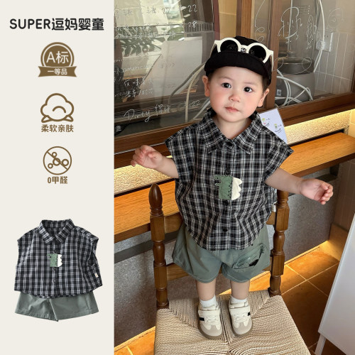宝宝衣服夏装韩版帅气男宝无袖衬衣夏款超萌洋气时髦翻领上衣夏季
