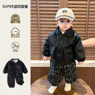 痞帅风时髦洋气加厚皮衣三件套炸街款 宝宝套装 秋冬男婴儿衣服冬装