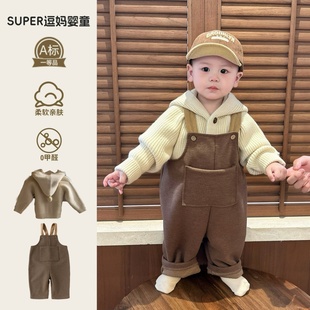 小宝宝冬装套装韩系可爱风婴儿秋冬毛呢背带裤洋气百搭开衫两件套