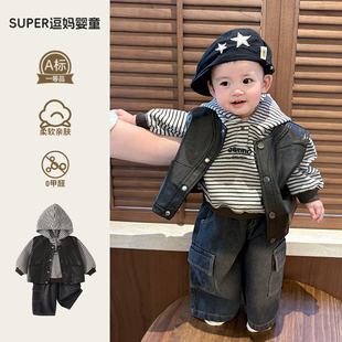 男宝宝春套装2026新款帅气时髦马甲卫衣网红炸街款三件套周岁服秋