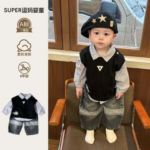宝宝春装套装时尚韩版痞帅风男宝分体马甲衬衣牛仔裤三件套春秋款