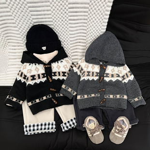 宝宝毛衣开衫时尚韩版洋气婴儿费尔岛连帽针织衫外套秋冬男宝外穿