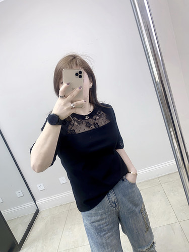 大码女装显瘦蕾丝拼接短袖t恤