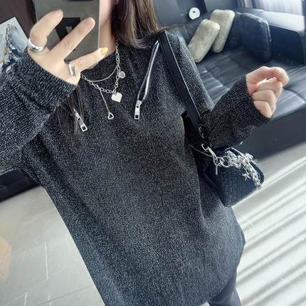 个性亮闪银线 大码女装胖mm25年秋冬季新款显瘦前胸拉链长袖T恤