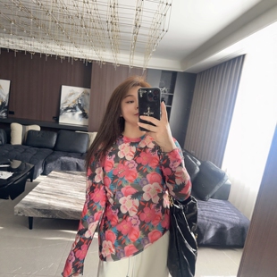 复古花朵 大码女装2025年胖mm秋冬装新款宽松打底衫T恤内搭上衣