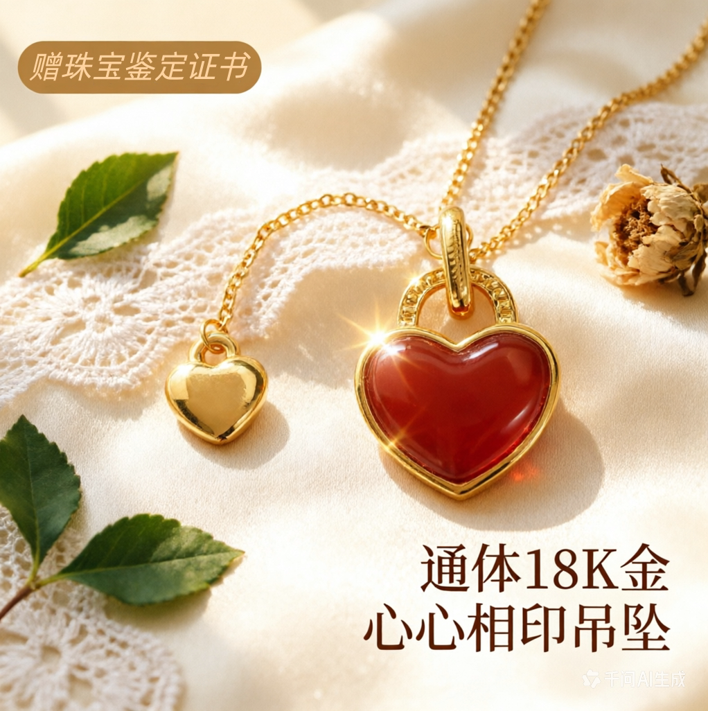 【店铺专属】18k金红玛瑙心心相印吊坠女百搭DIY项链配件QL06511