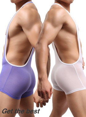 男士连体摔跤服超柔锦纶高弹丝滑透气镂空U凸提臀紧身薄款连体衣