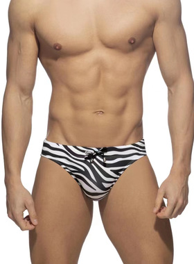 外贸男士斑马纹系绳速干提臀三角泳裤欧美时尚低腰性感平角沙滩裤
