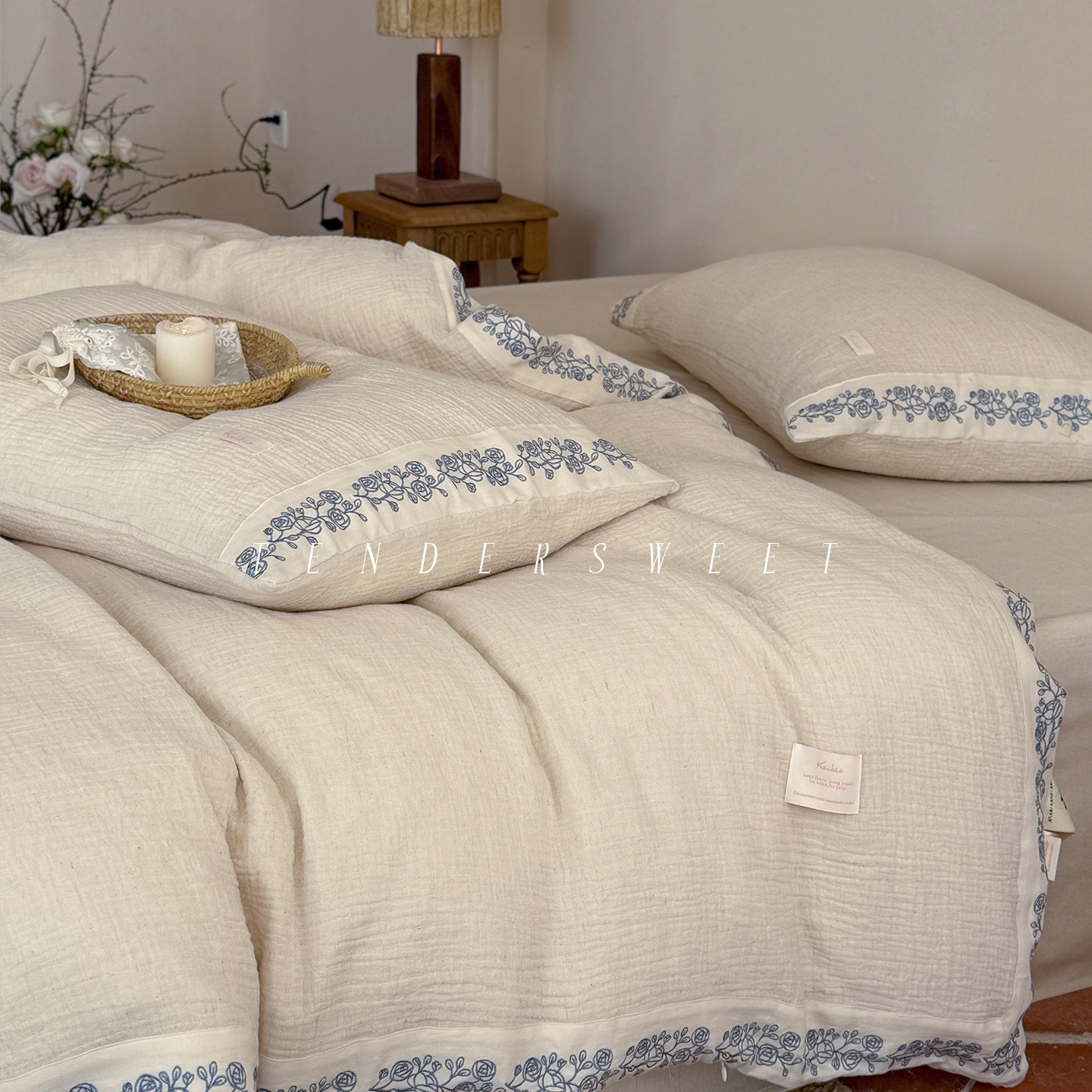 Tender| 日式简约复古棉麻混纺皱皱纱四件套刺绣亚麻被套床上用品