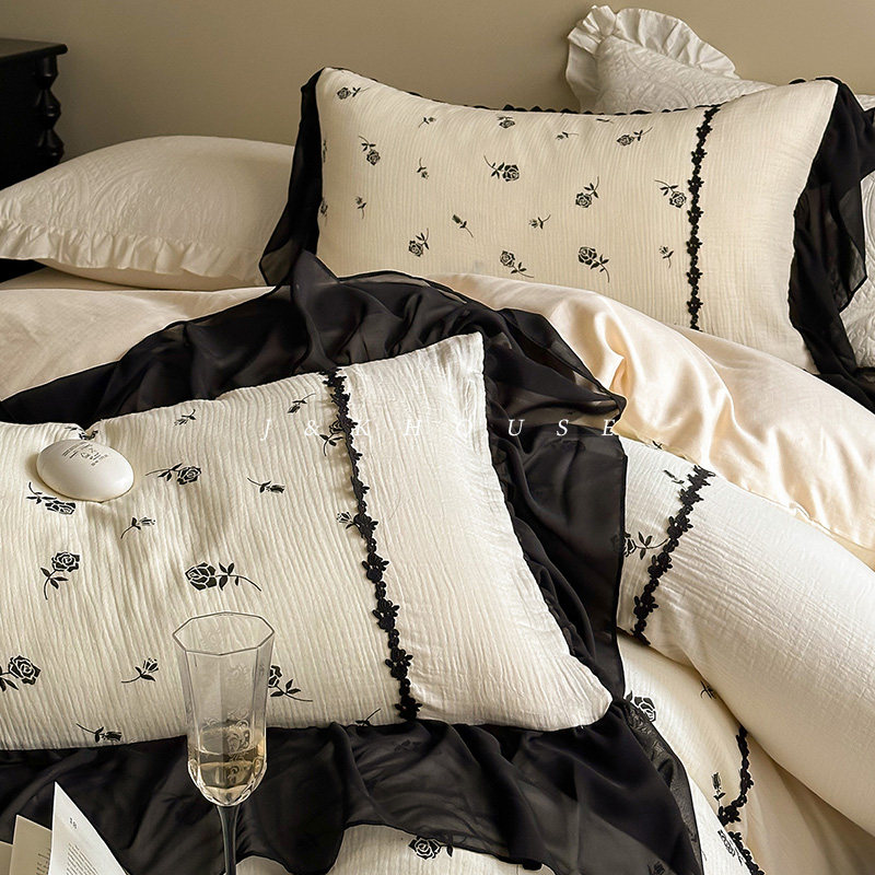 Girlish|法式皱皱双层纱四件套纯棉全棉蕾丝花边床上用品床单被套