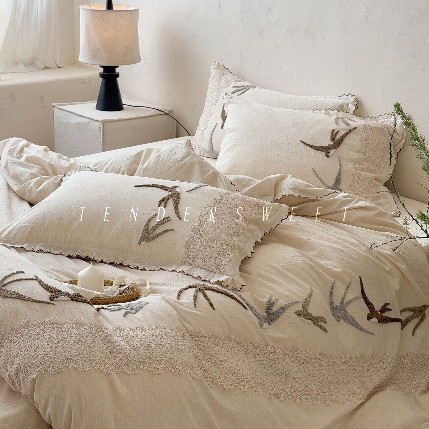 Tender| 法式复古新款棉麻毛巾绣四件套蕾丝花边少女被套床上用品