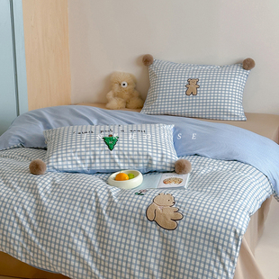 Lovely 卡通格子小熊全棉四件套纯棉床上用品被套双面刺绣水洗棉