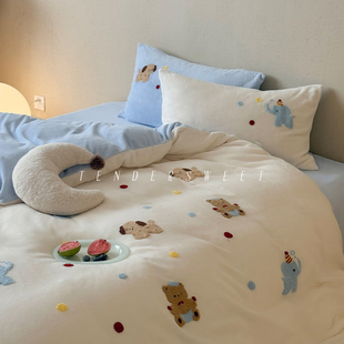 Lovely ｜儿童卡通毛巾绣立体牛奶绒四件套可爱秋冬保暖床上用品