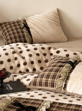 Tender| 法式少女复古牛奶绒四件套波点格纹拼接冬季加厚床上用品