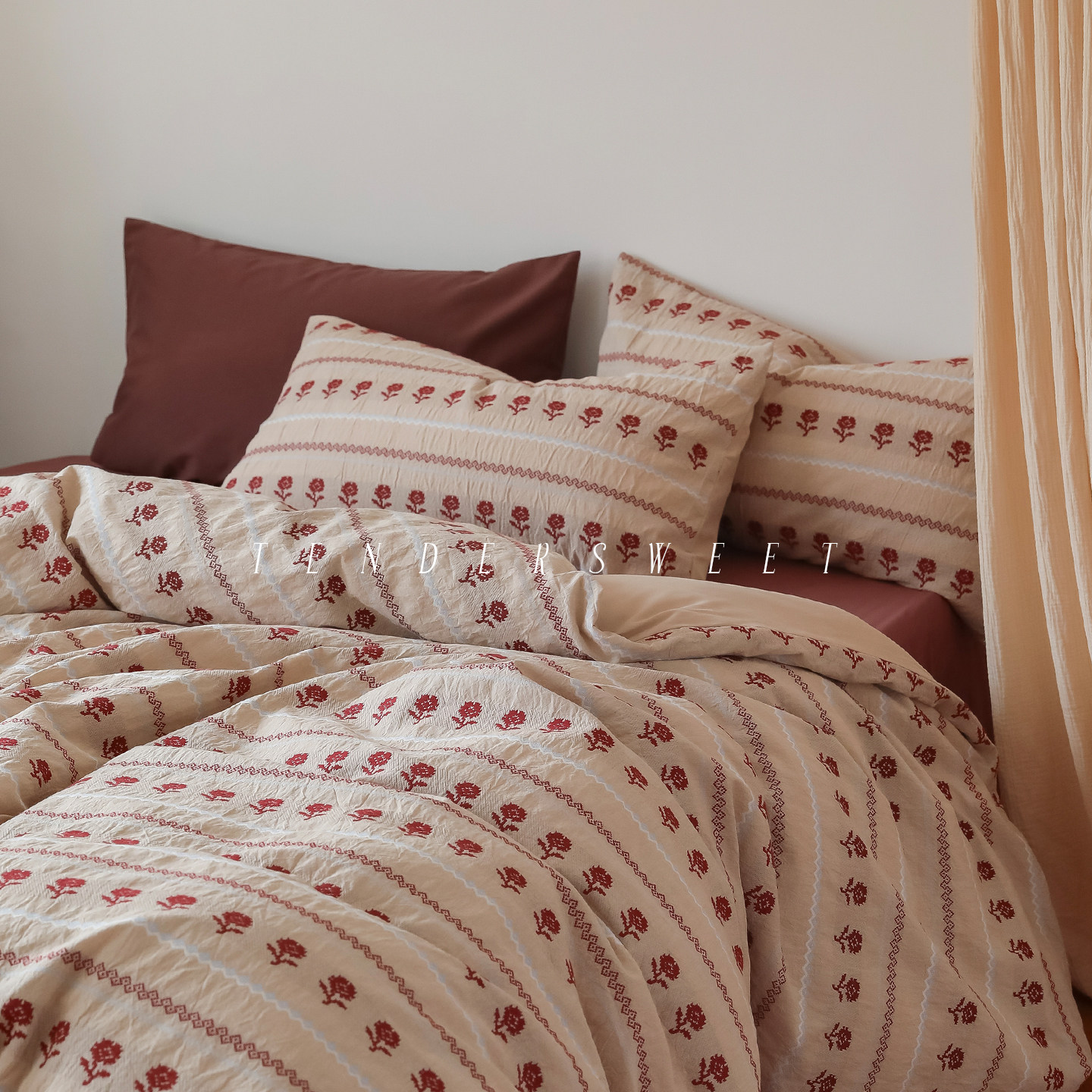 Tender| 法式复古红秋冬磨毛全棉四件套纯棉色织提花被套床上用品,床上用品,床品套件/四件套/多件套,淘宝优惠券,粉丝福利购,淘宝优惠卷