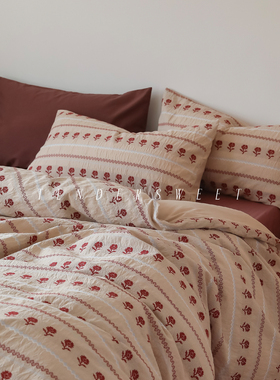 Tender| 法式复古红秋冬磨毛全棉四件套纯棉色织提花被套床上用品