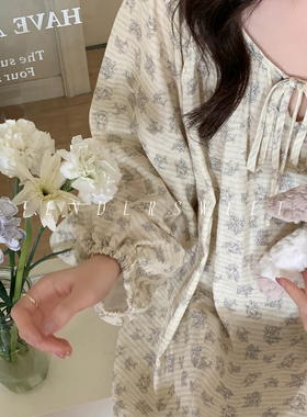 Tender| 法式纯棉双层纱长袖睡裙慵懒全棉碎花夏季新款少女家居服