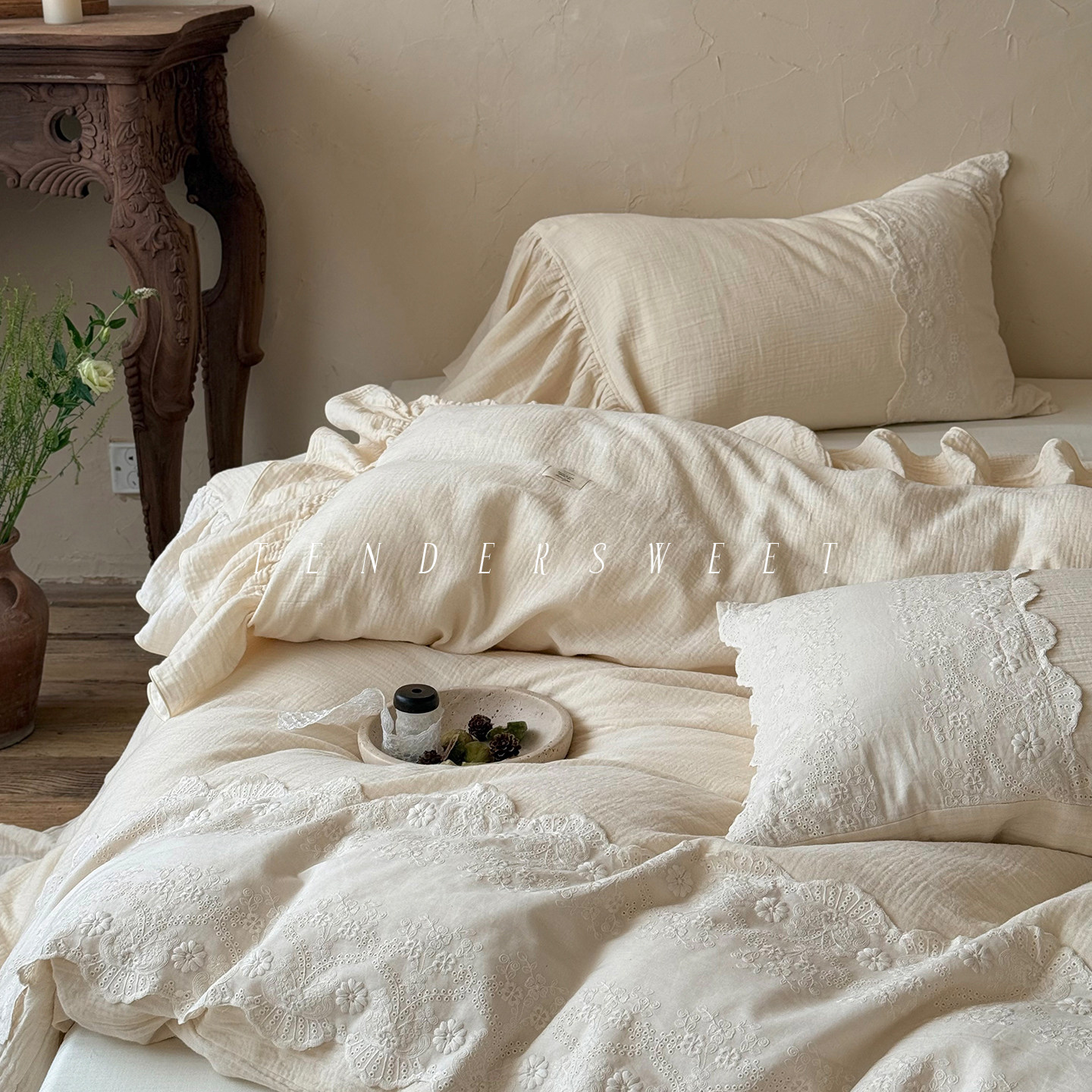 Girlish|法式复古色织纯棉双层纱四件套全棉浪漫蕾丝被套床上用品,床上用品,床品套件/四件套/多件套,淘宝优惠券,粉丝福利购,淘宝优惠卷