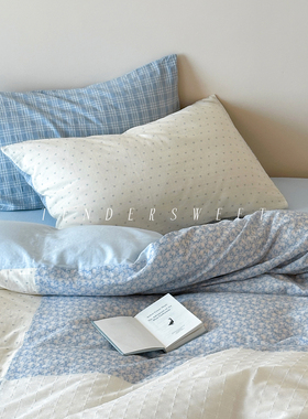 Tender| 小众极简碎花格子蓝色亲肤四件套简约全棉亲肤床品套件