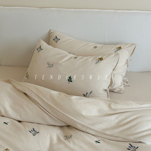 Girlish 少女风棉麻四件套色织提花亚麻纯棉床笠刺绣床上用品 法式