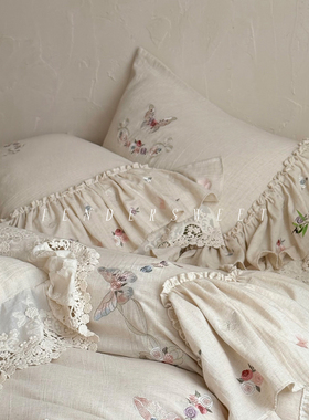 Tender| 法式少女复古棉麻刺绣四件套亚麻被套花边温柔风床上用品