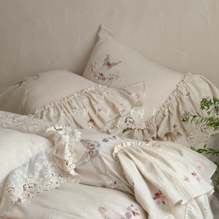 Tender 少女复古棉麻刺绣四件套亚麻被套花边温柔风床上用品 法式