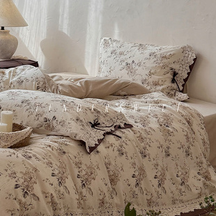 床上用品 复古棉麻印花四件套纯棉混纺花边被套春夏新品 Tende 法式