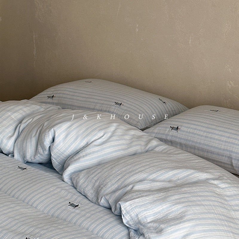Retro|简约小清新条纹全棉四件套北欧纯棉双层纱可爱透气床上用品