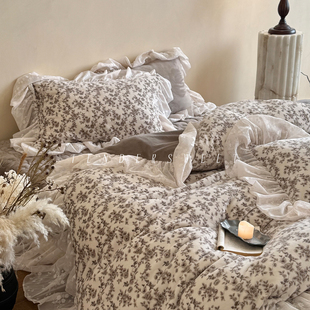 Tender| 法式少女冬季牛奶绒床盖四件套加厚保暖蕾丝浪漫床上用品