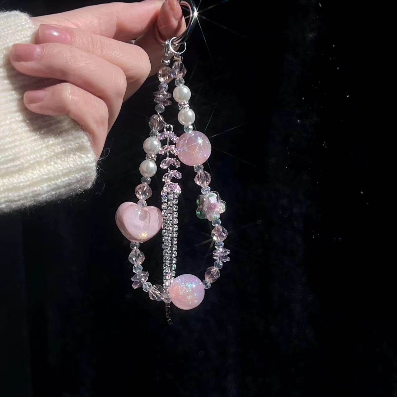 超仙气流苏链条手机链可爱爱心琉璃花串珠手提手机链包包挂件