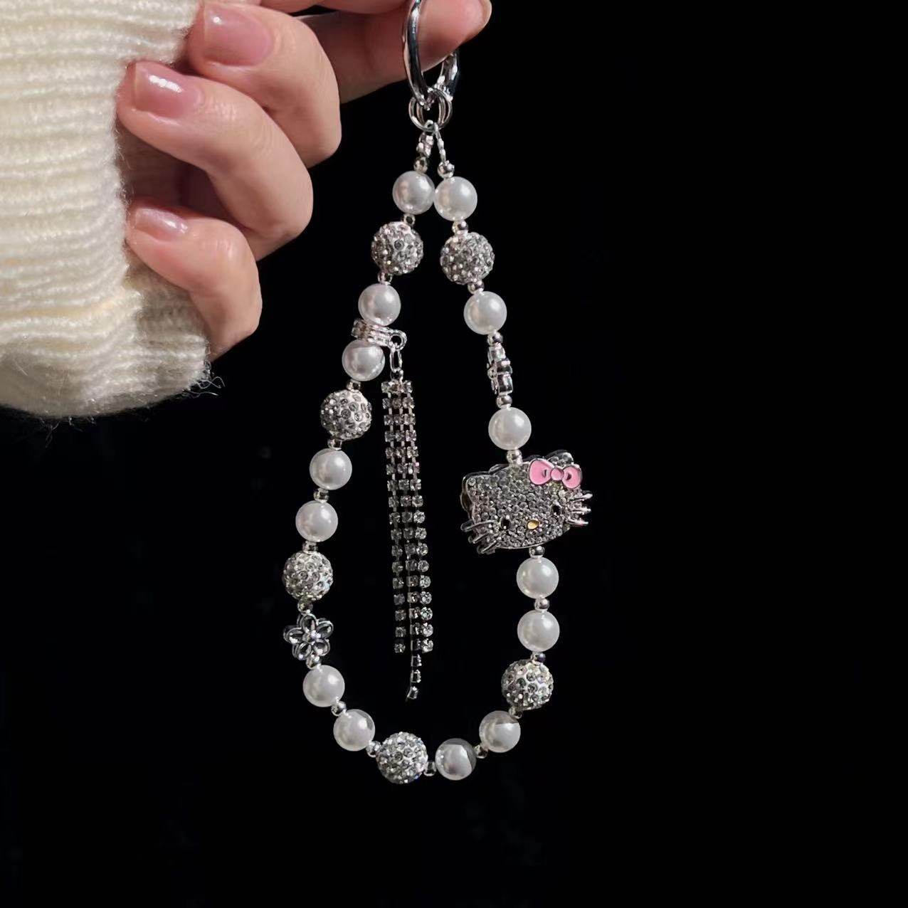超闪手机链珍珠kt猫合金串珠轻奢个性时尚水晶流苏卡通包包挂件