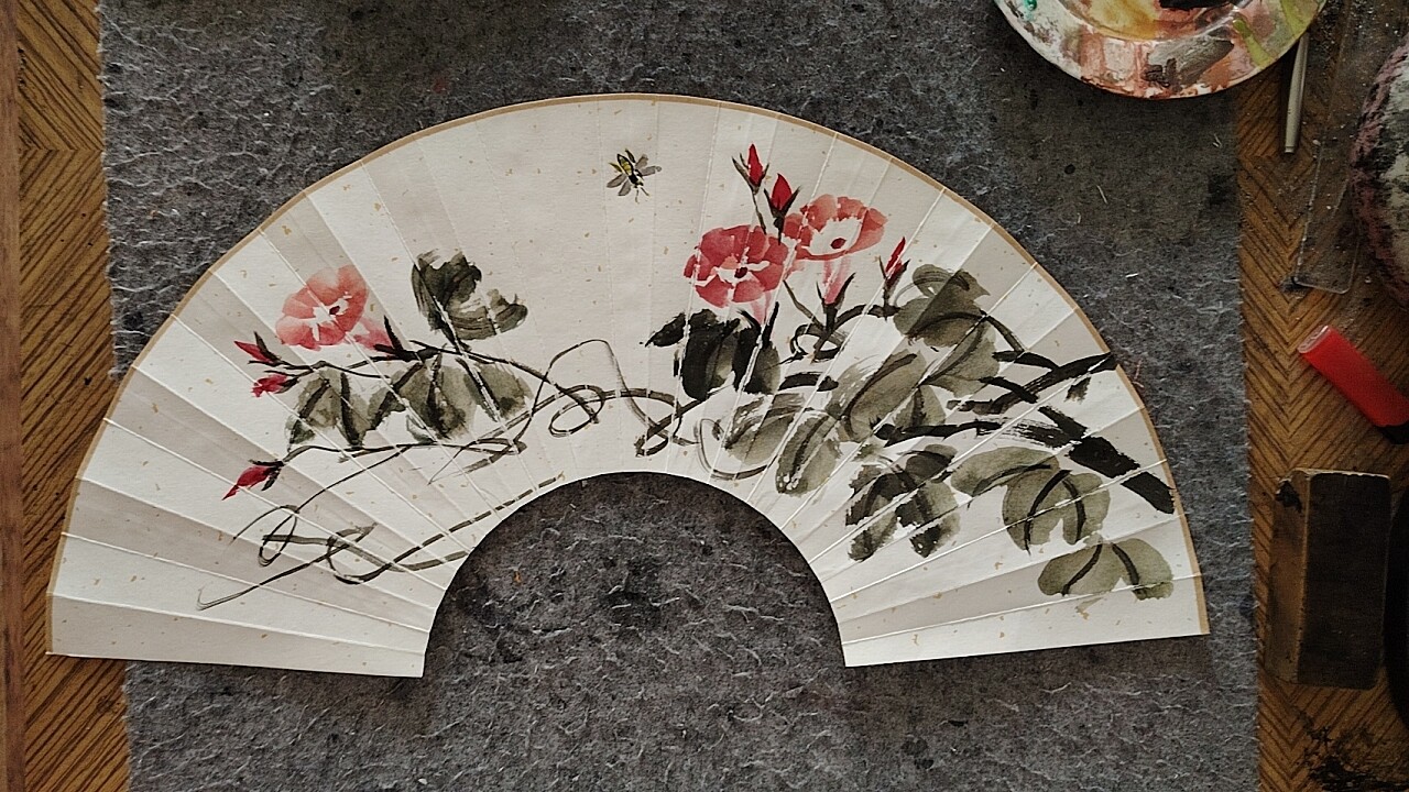 手绘折扇宣纸扇面中国画10寸玉竹中国风古风国画牵牛花，可定制