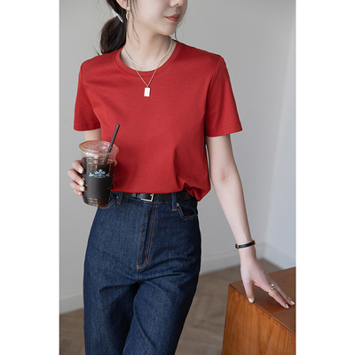 通勤圆领新疆长绒棉女含真丝T恤