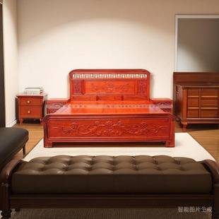 古典雕花床 缅甸花梨双人床 红木家具实木床 中式 仿古主卧大床