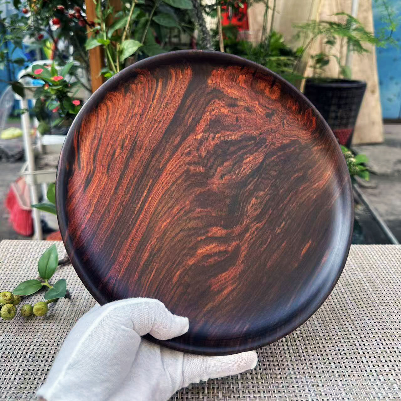 大红酸枝整木黑飘红果盘26×4.5交趾黄檀红木收纳茶托一物一拍