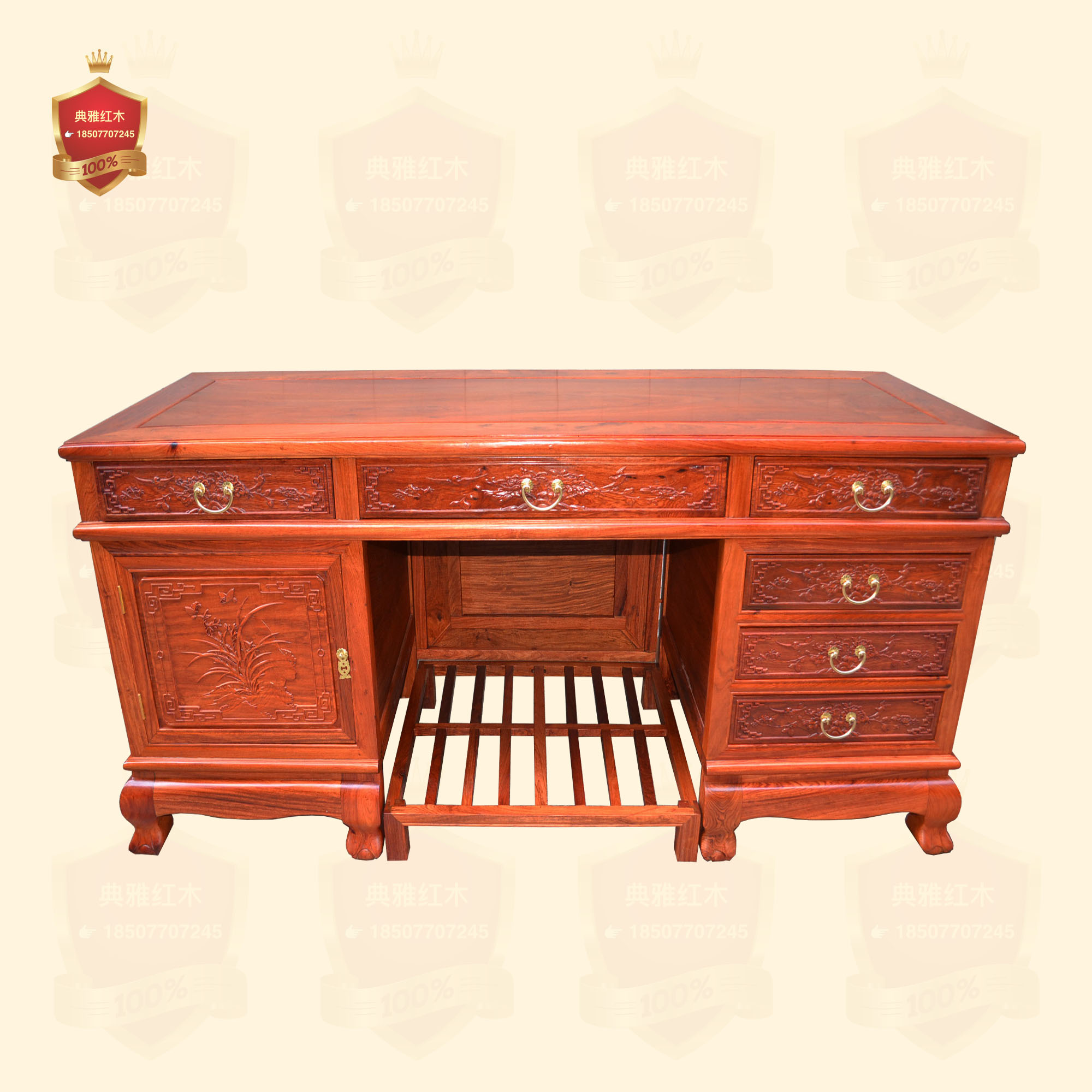 红木家具缅甸花梨木书桌 大果紫檀精雕兰花办公桌 大班台