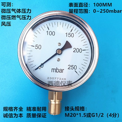 100MM径向燃气压力表250mbar表