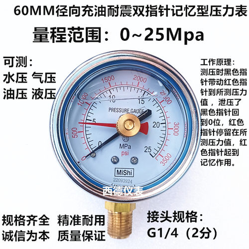 60MM直立式,25MPA双指针压力表