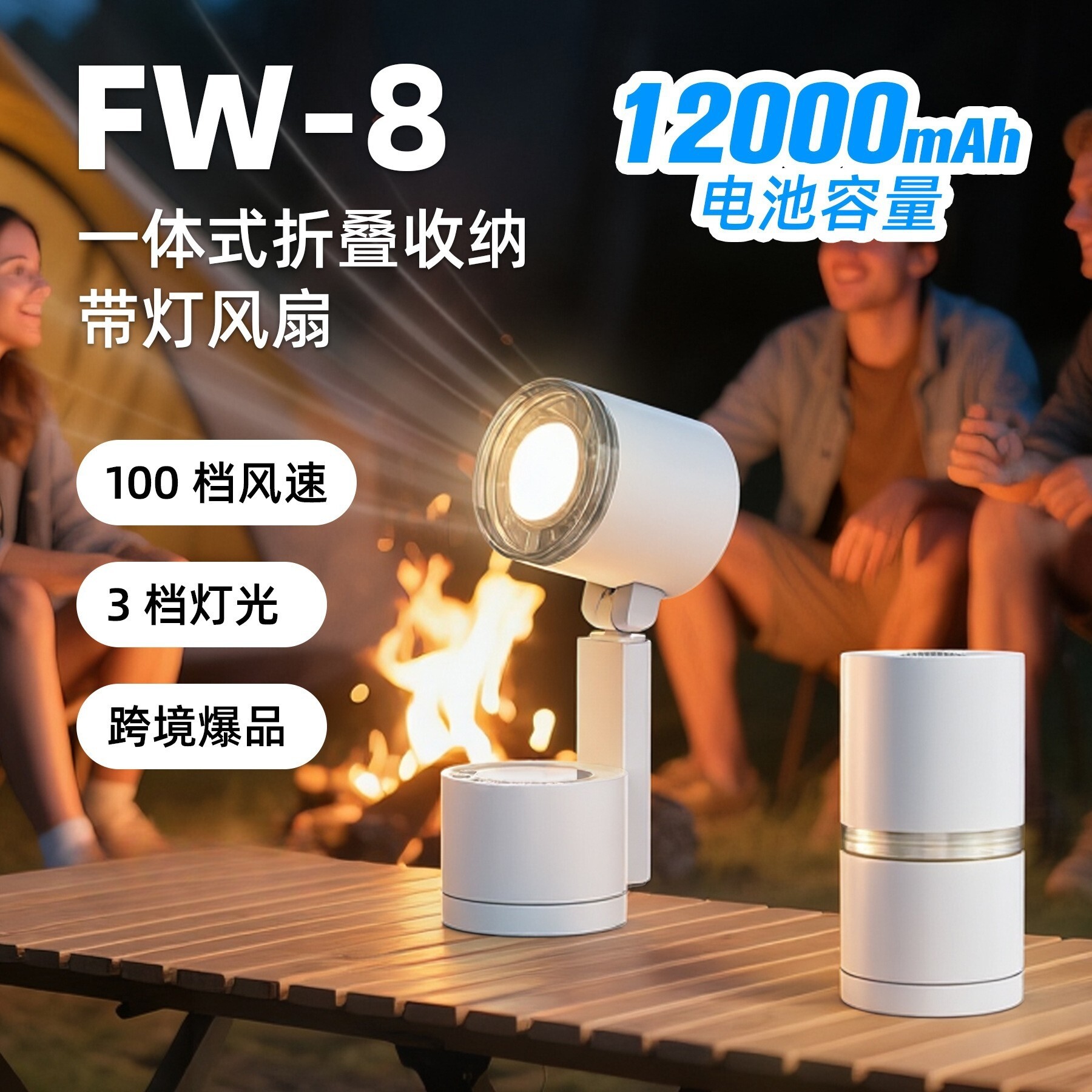 跨境爆款USB小风扇高速超长续航可折叠户外露营便携灯扇风扇灯