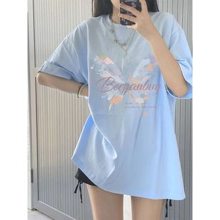 遮肚慵懒 100_不起球夏季 新款 蝴蝶印花短袖 T恤女宽松百搭ins韩版