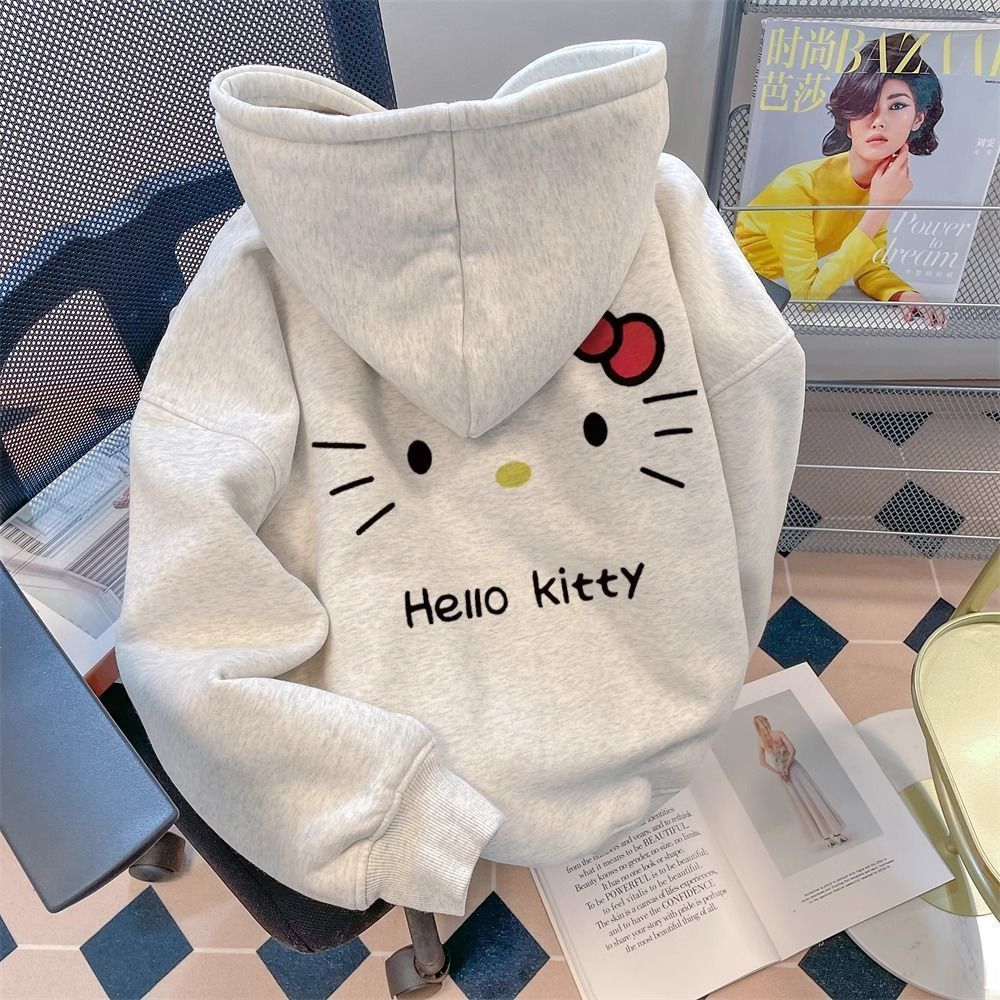 美系Kitty猫咪印花连帽卫衣女学生版中长款保暖秋冬厚款ins风上衣