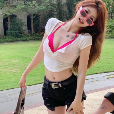 不规则白色短袖T恤女夏季紧身性感短款修身显瘦高腰露脐辣妹上衣
